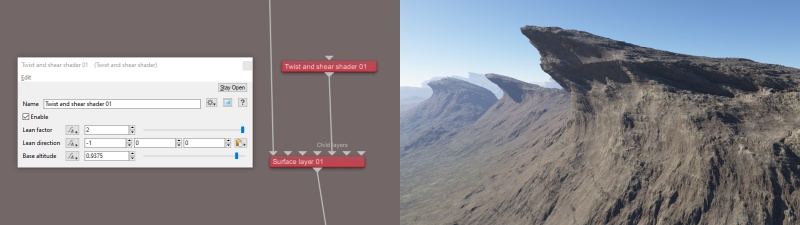 Twist and shear shader used to create overhanging terrain at top of mountains.
