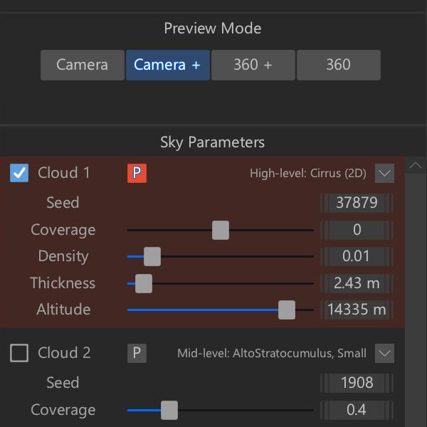 When painting in a cloud or haze layer, the layer’s Sky parameters are highlighted in red.