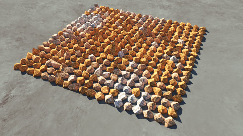 Rendered image of rock population with the diffuse colour multiplier enaabled.