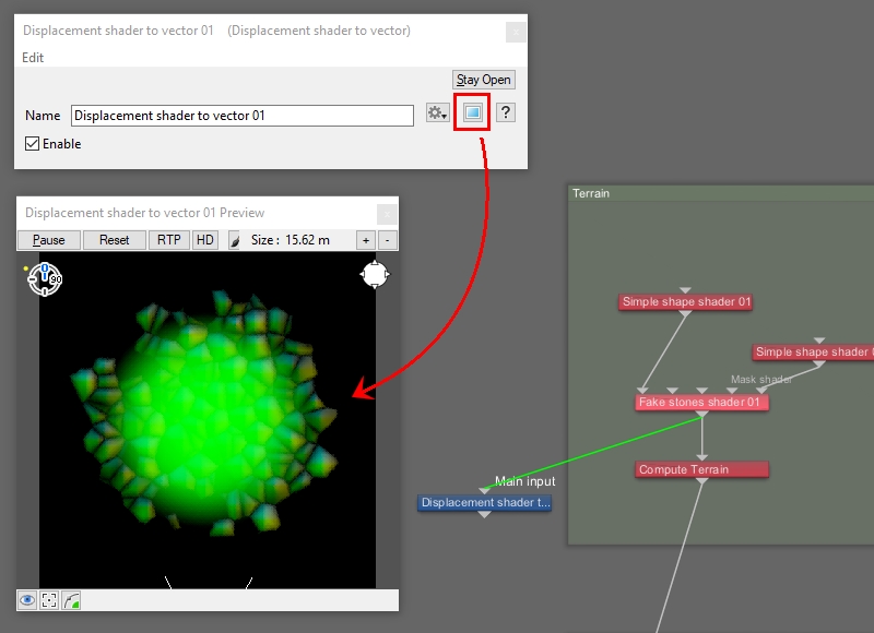 Connect the “Output” from the last displacement node to the “Main input” of the “Displacement shader to vector” node.