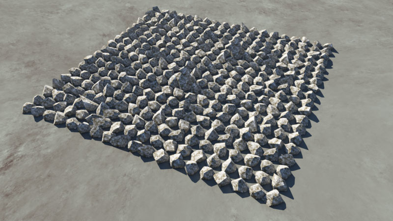 Rendered image of rock population.  Rock object has been surfaced with a power fractal shader.