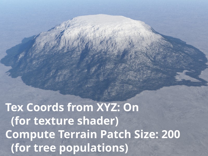 In this example, the forest population uses the Compute Terrain node with a Patch Size of 200 and not the Tex Coords from XYZ in order to access the terrain’s slope information.