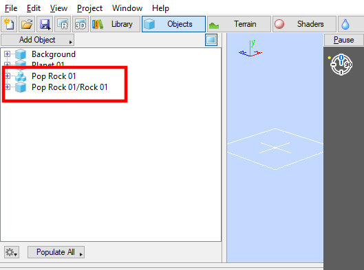 The rock population node and the 3D geometry node in the Object List.