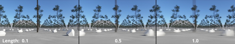 Increasing the motion blur’s Length value keeps the virtual camera shutter open for a longer period of time, increasing the motion blur effect.