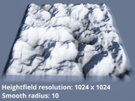 Heightfield resolution 1024 x 1024.  Smooth radius = 10