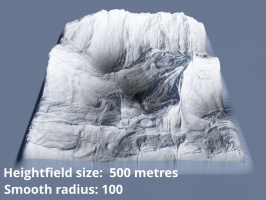 Heightfield size = 500 metres, Smooth radius = 100.