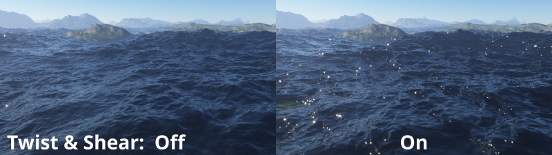 The shear effect can be applied to water shaders too.