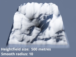 Heightfield size 500 metres.  Smooth radius = 10.
