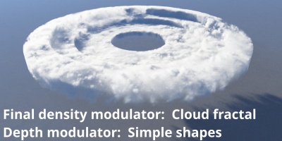 Cloud fractal shader assigned to Final density modulator and Simple shape shaders assigned to Depth modulator.