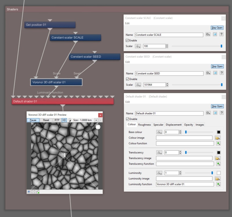 Node Network view of Voronoi 3D Diff Scalar with required node for position in texture space, and optional nodes to drive scale and seed values.