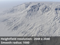 Heightfield resolution 2048 x 2048, Smooth radius = 1000.