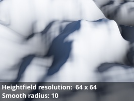 Heightfield resolution 64 x 64. Smooth radius = 10.