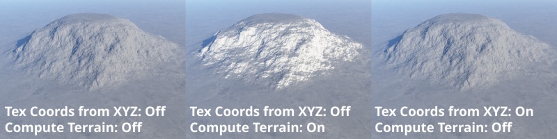 When the Tex Coord from XYZ node is enabled (and there is no Compute Terrain node), surface shaders do not have have access to the displacement altitudes because the surface normals have not been calculated.