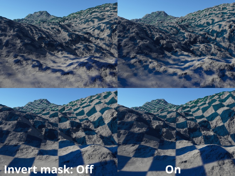 An image map shader and Colour adjustment shader assigned as a mask to the surface layer with the Invert mask checkbox enabled.