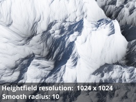 Heightfield resolution 1024 x 1024, Smooth radius = 10.