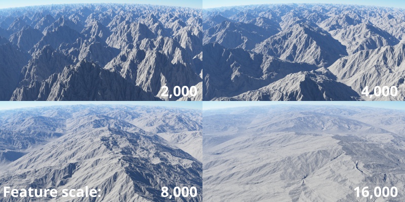 Increasing the Feature scale value creates larger mountain ranges.
