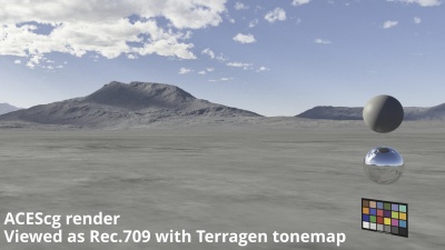 Terragen default scene, rendered in ACEScg colour space, viewed in Rec 709 colour space.