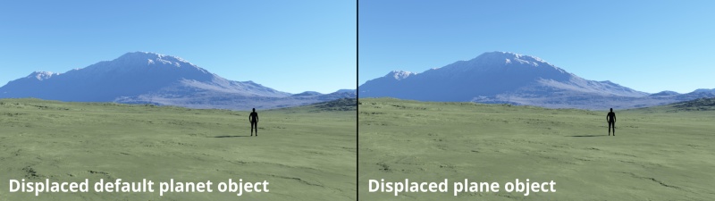 Comparison between the default planet object displacement and a displaced plane object