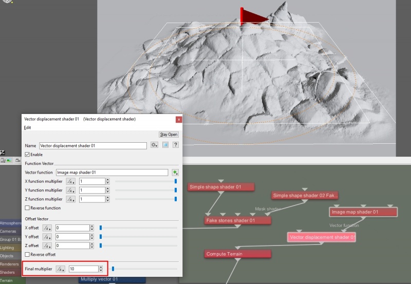 Connect the output of the Vector displacement shader to the Main input of the Compute terrain node.