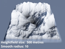 Heightfield size = 500 metres, Smooth radius = 10 (default).