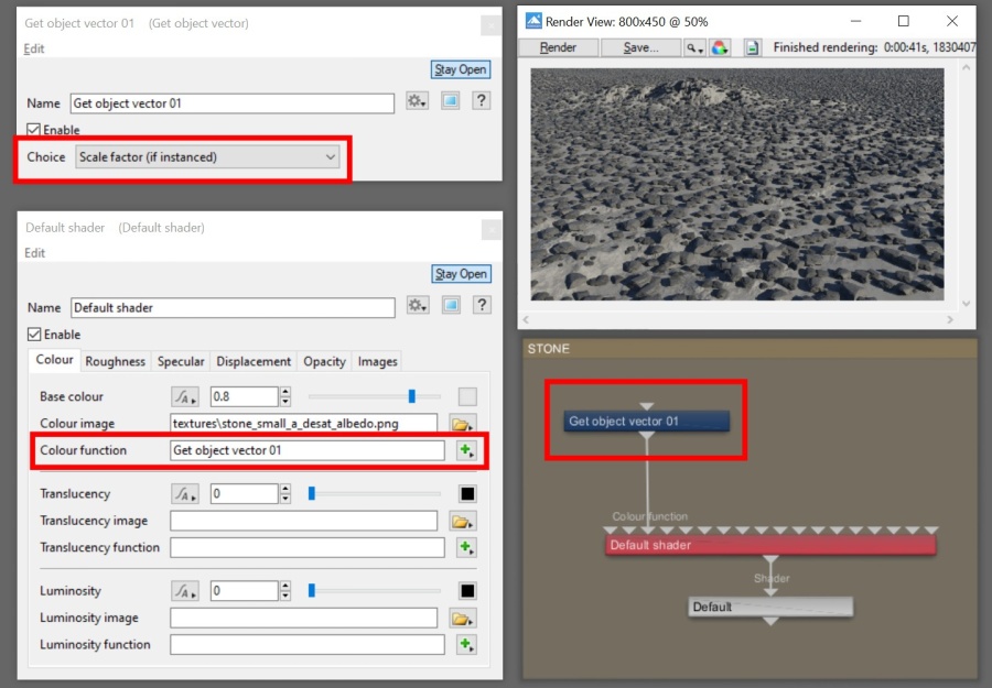 Example of using Get Object Vector node to change color of rocks.