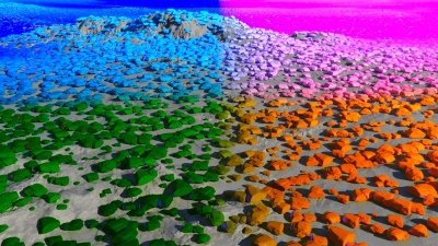 Colour of instanced rocks modified by the Choice: Position