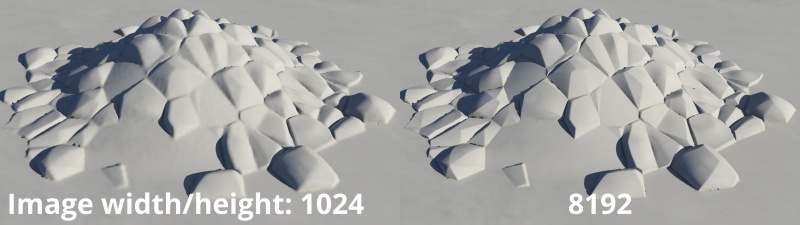 Rendering a vector displacement image at lower resolutions means results in less detail, both in the image itself and when reapplied to the terrain as a vector displacement shader.