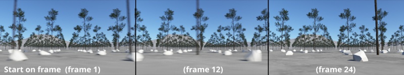 Motion blur Position set to Start on frame. Note how the motion blur appears to be absent on frame 24, due to there being no keyframe animation after this frame.