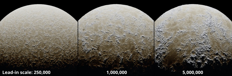 Lead-in scale value on planet at 250000, 1 million, and 5 million metres.
