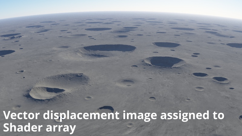 A vector displacement image of lots of craters duplicated across the terrain with a Shader array.