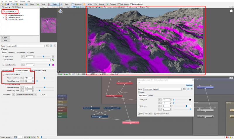 Use the Surface layer’s Altitude constraints to limit how far up the mountains the mask can go.