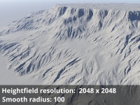 Heightfield resolution 2048 x 2048, Smooth radius = 100.