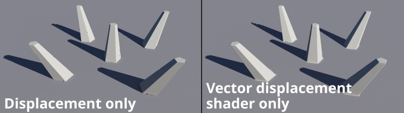Comparison between a displaced surface on the left, and a Vector displacement shader using an EXR image rendered from the displacement data.
