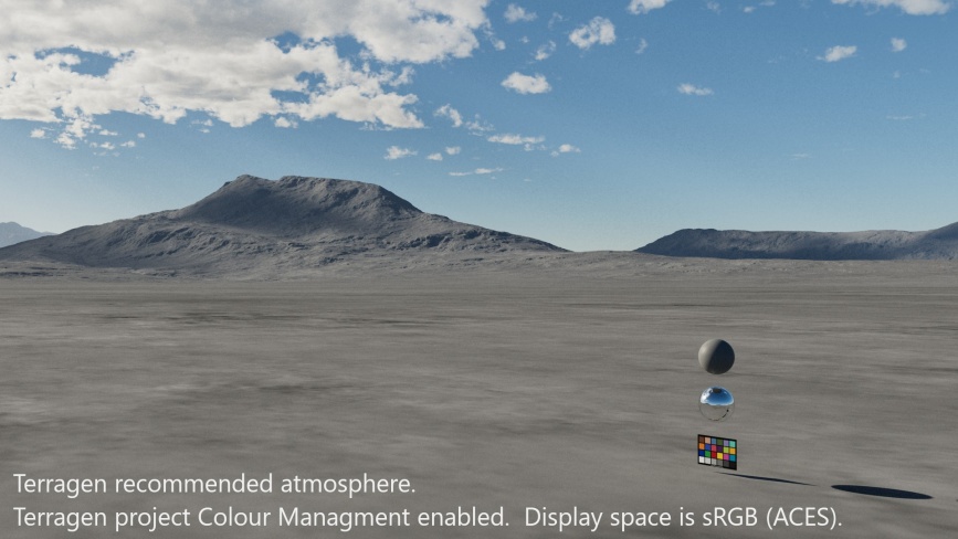Terragen recommended atmosphere.  Terragen project Colour Management enabled.  Display space is sRGB(ACES).