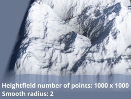 Heightfield resolution 1000 x 1000, Smooth radius = 2
