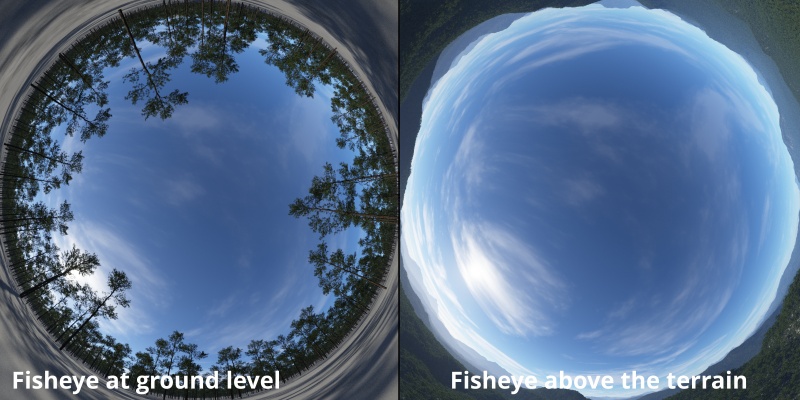 Fisheye at ground level and above the terrain