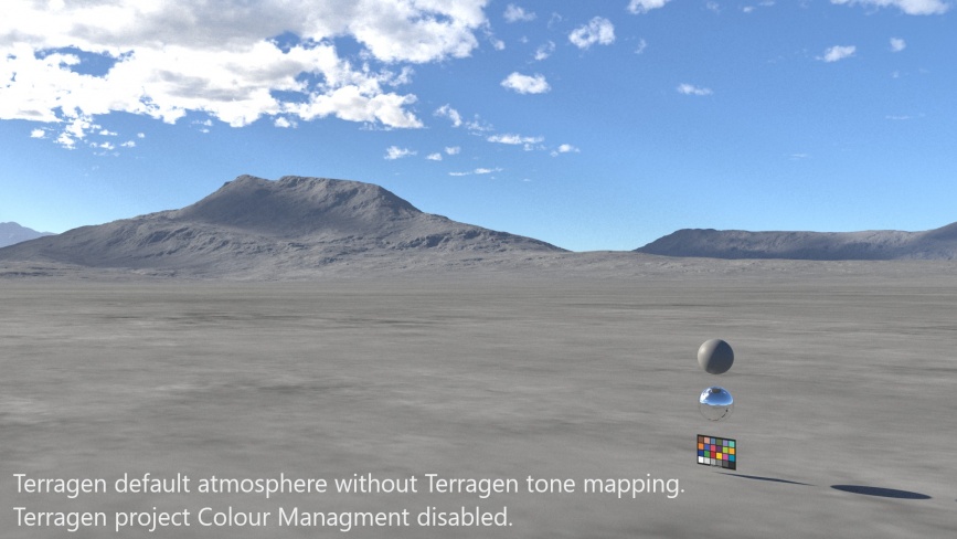 Terragen default atmosphere with Terragen tone mapping.  Terragen project Colour Management disabled.