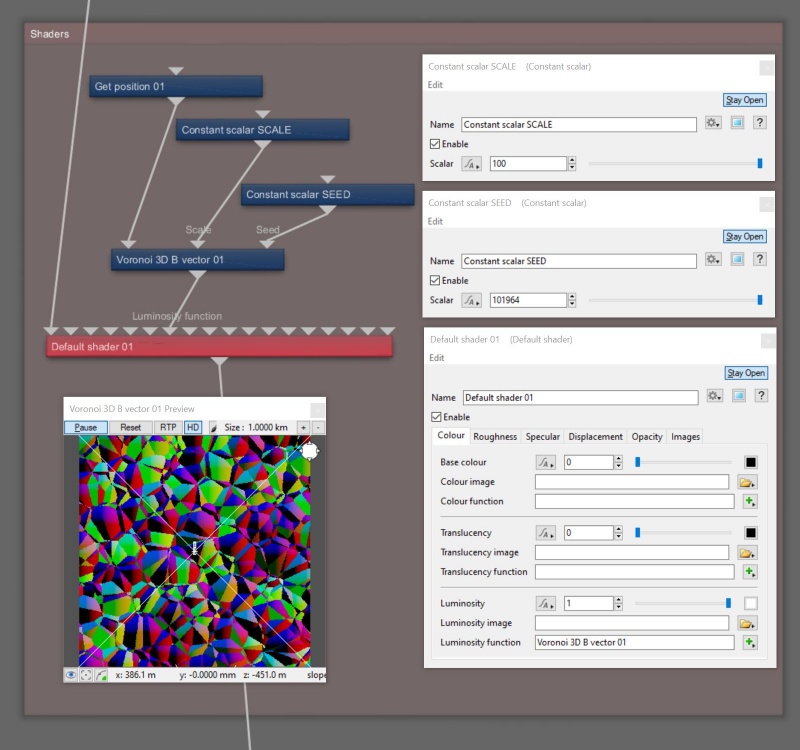 Node Network view of Voronoi 3D B Vector with required node for position in texture space, and optional nodes to drive scale and seed values.