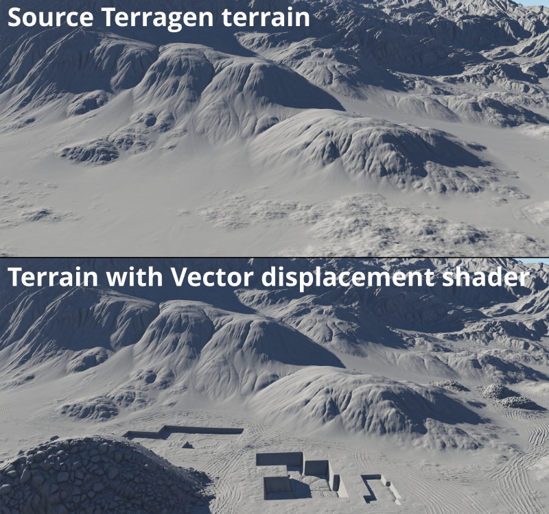 A procedural Terragen terrain before and after adding construction site detail via the Vector displacement shader.