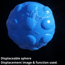 Displaceable 3D sphere object with image map assigned to Displacement image setting and Power fractal shader assigned to Displacement function setting.