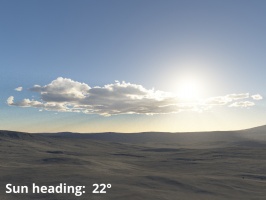 Sun heading = 22 degrees. In front and to the right of the observer's position.