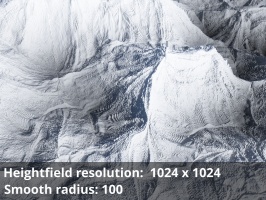 Heightfield resolution 1024 x 1025, Smooth radius = 100.