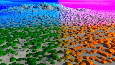 Colour of instanced rocks modified by the Choice: Centre of bounding box