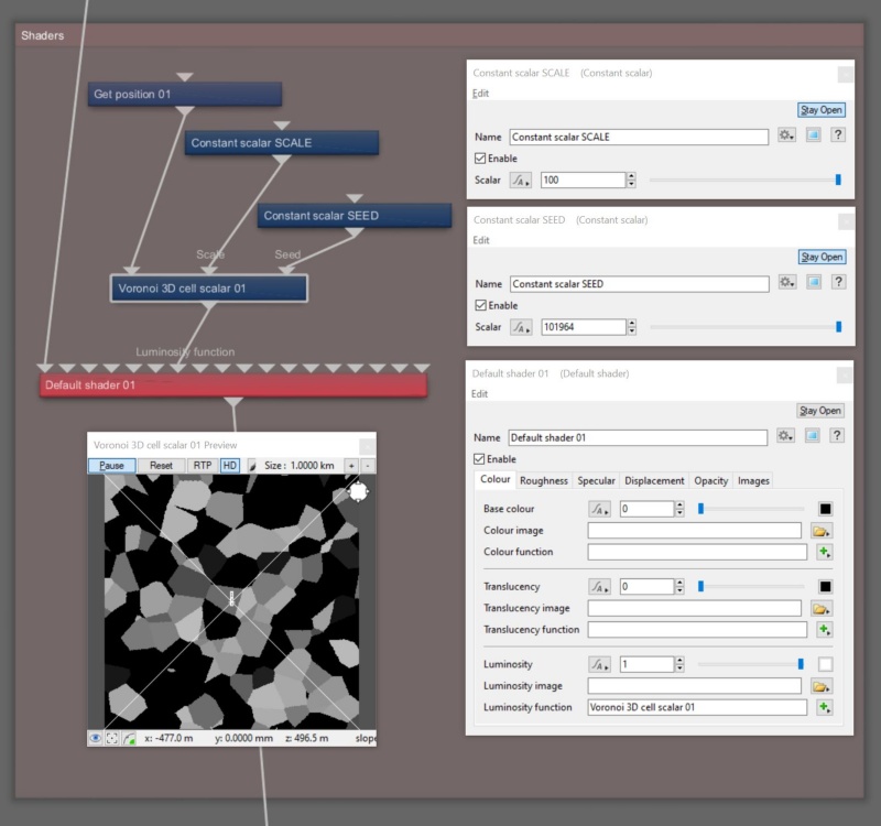 Node Network view of Voronoi 3D Cell Scalar with required node for position in texture space, and optional nodes to drive scale and seed values.