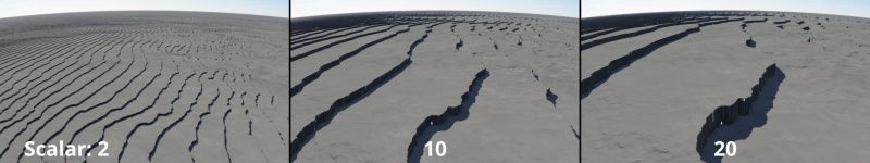 Modular scalar node used to displace a terrain along the X axis position, as the value of Input 2 is changed.