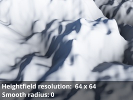 Heightfield resolution 64 x 64. Smooth radius = 0.