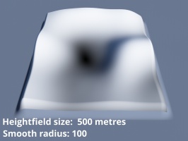 Heightfield size 500 metres.  Smooth radius = 100.