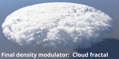 Cloud fractal shader assigned as Final density modulator.