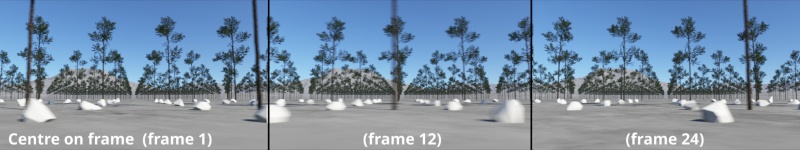 Motion blur Position set to Centre on frame. Note how the motion blur appears to be less on frames 1 and 24, due to there being no keyframe animation before or after these frames.