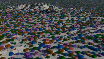 Colour of instanced rocks modified by the Choice: Direction: Z vector ("Forward"), normalized